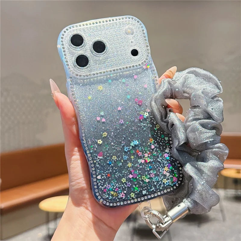 Rhinestone Gradient Case with Mesh Wrist Strap for iPhone