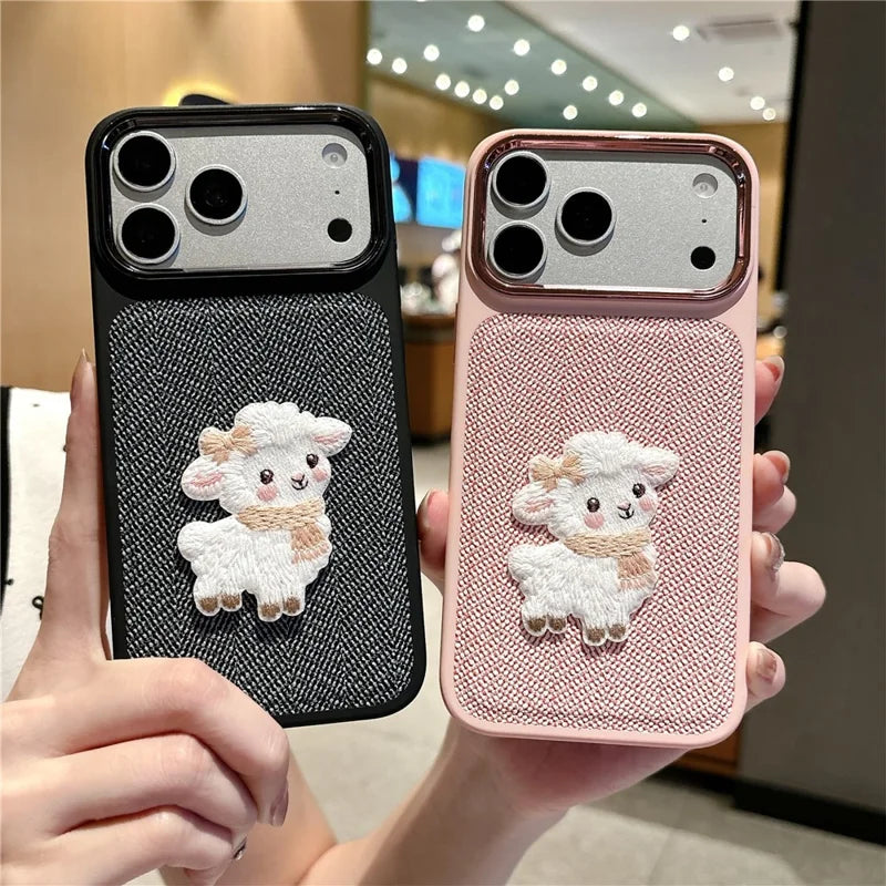 Cute Sheep Embroidered Herringbone Case For iPhone