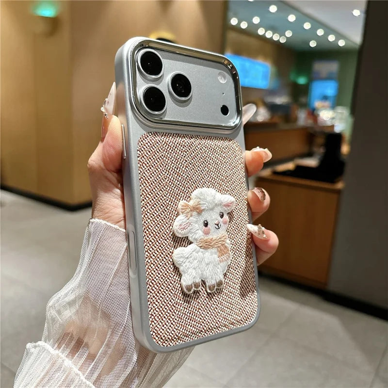 Cute Sheep Embroidered Herringbone Case For iPhone