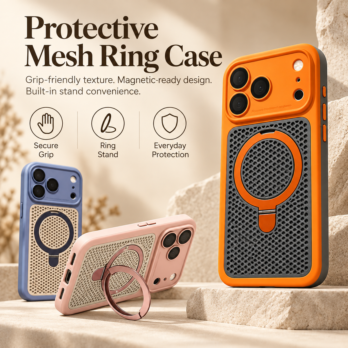 Magnetic PC Mesh Ring Stand Phone Case for iPhone