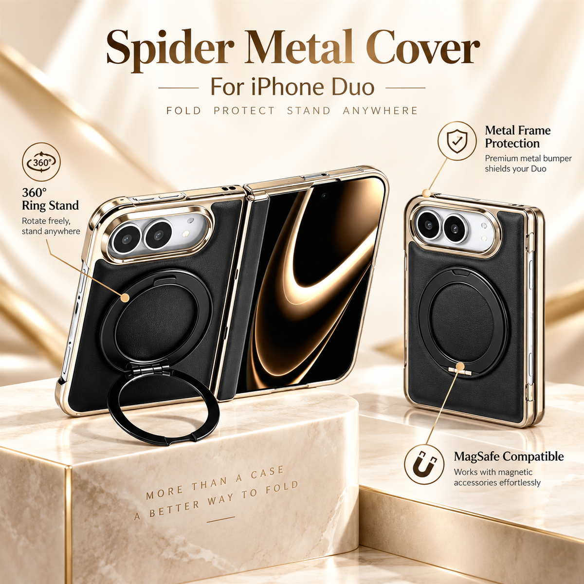 Grain Leather Magnetic Ring Stand Case for iPhone Duo