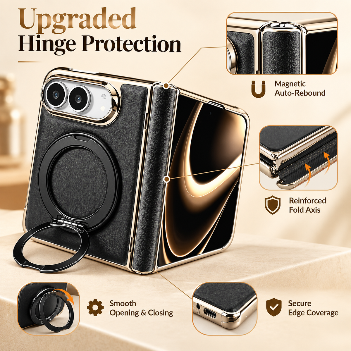 Grain Leather Magnetic Ring Stand Case for iPhone Duo