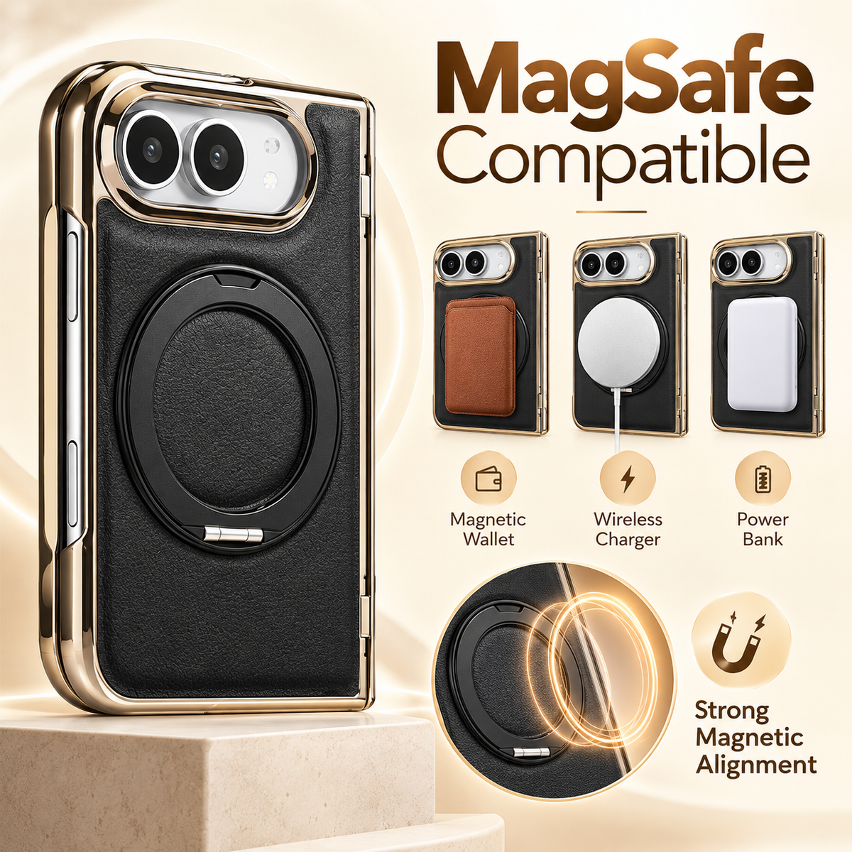 Grain Leather Magnetic Ring Stand Case for iPhone Duo