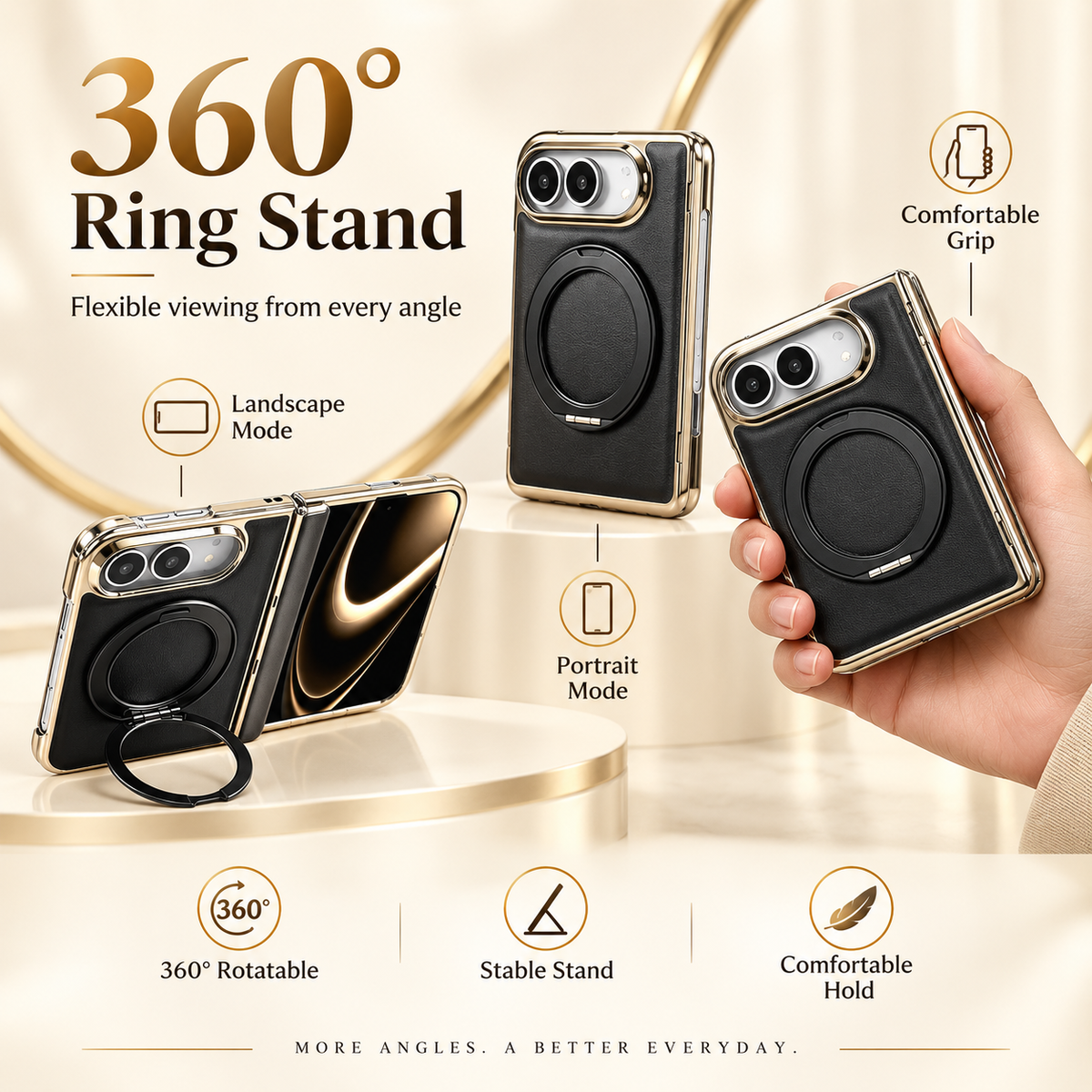 Grain Leather Magnetic Ring Stand Case for iPhone Duo