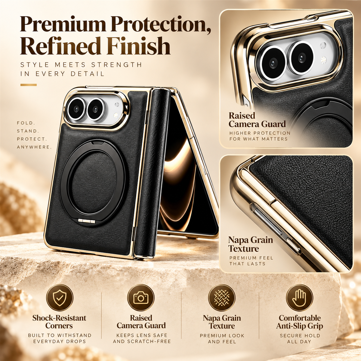 Grain Leather Magnetic Ring Stand Case for iPhone Duo