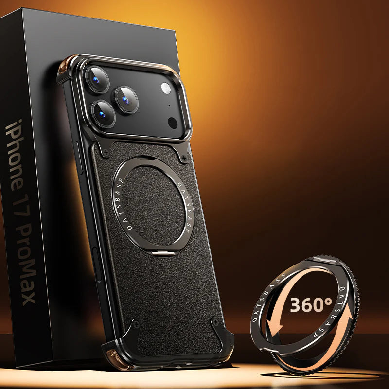 Luxury iPhone Frameless Armored Case with Leather Texture And Kickstand