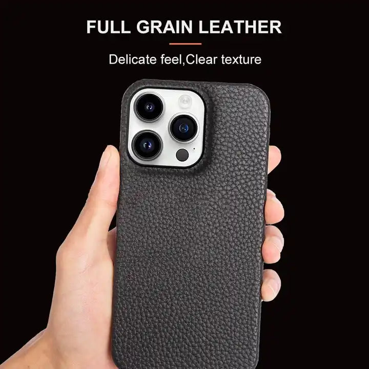 Luxury Real Leather Phone Case with MagSafe (Lychee Pattern)