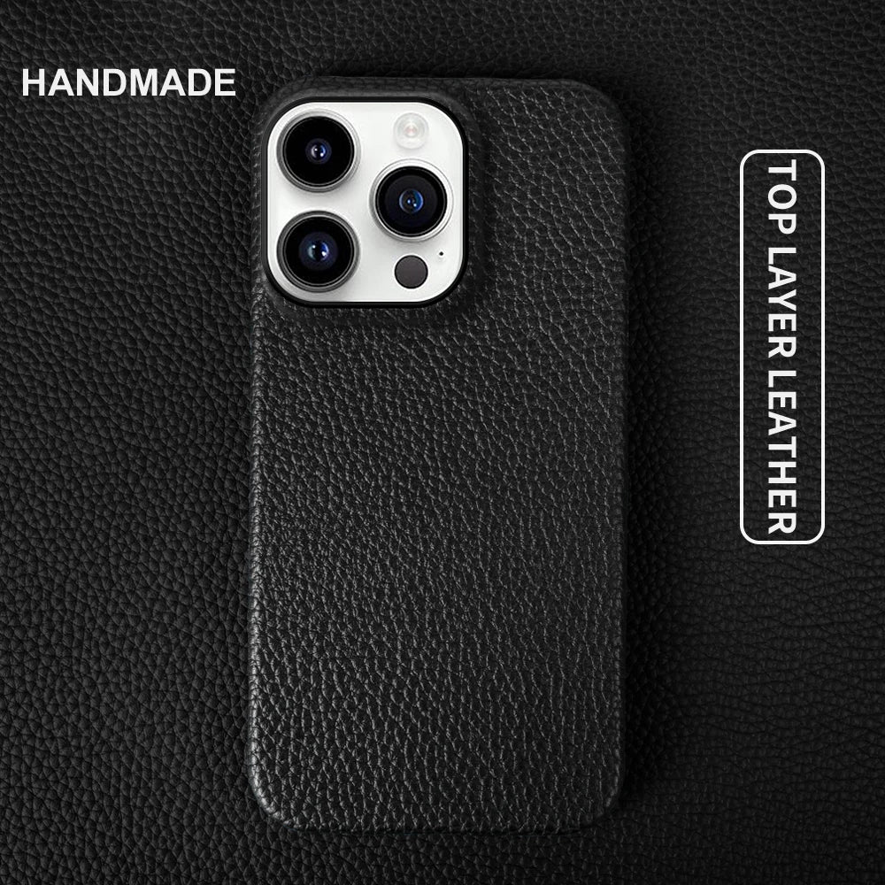 Luxury Real Leather Phone Case with MagSafe (Lychee Pattern)