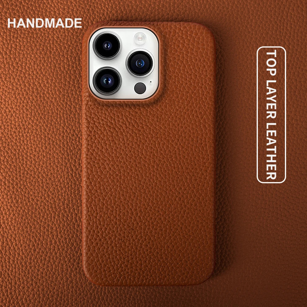 Luxury Real Leather Phone Case with MagSafe (Lychee Pattern)