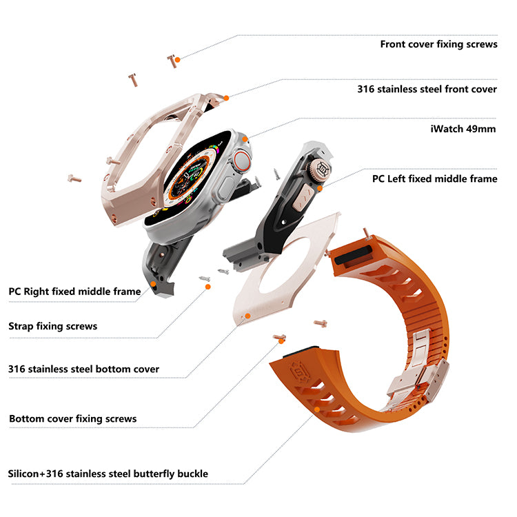 Auriglo luxury Armor Stainless Steel Apple Watch Case For IWatch Ultra 49mm ( Rose Gold+Orange)