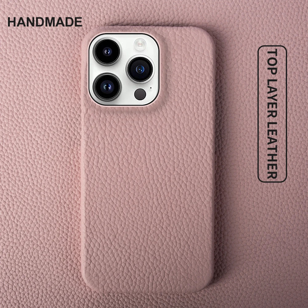 Luxury Real Leather Phone Case with MagSafe (Lychee Pattern)