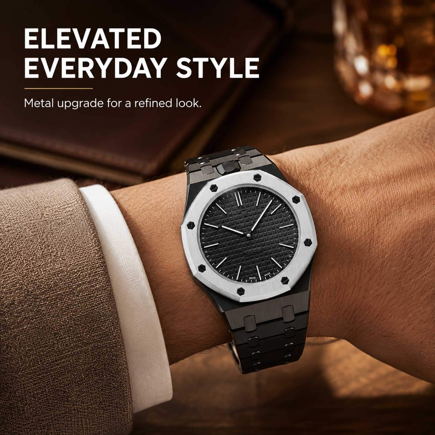 Luxury Stainless Steel Case with Metal Belt For Swatch (12 o'clock Position Crown)