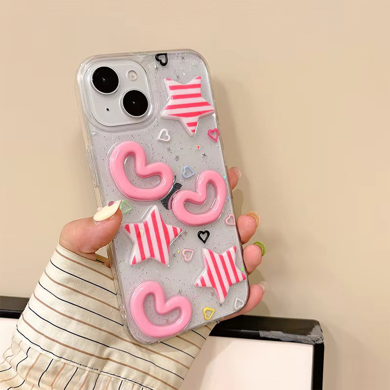 Flotting Glitter Star Heart Design Case For iPhone