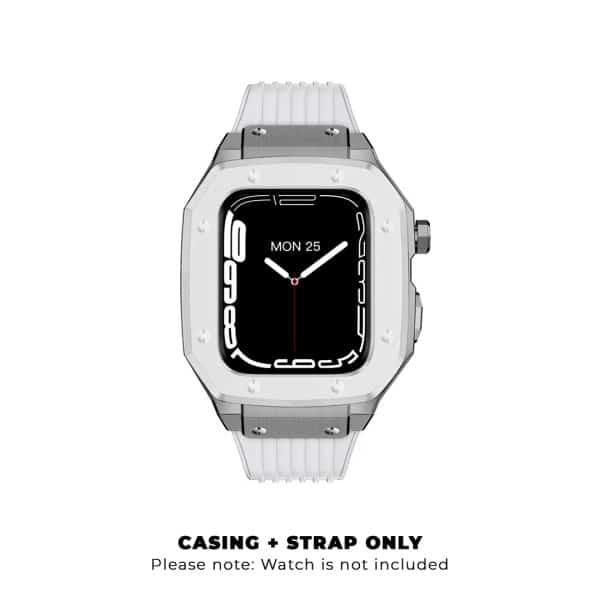 Auriglo Luxury Stainless Steel Case with Silicon Strap (44-45MM) – White & Silver
