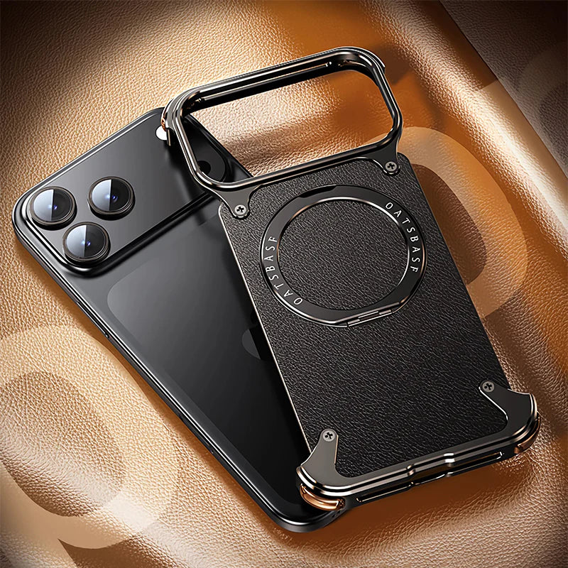 Luxury iPhone Frameless Armored Case with Leather Texture And Kickstand