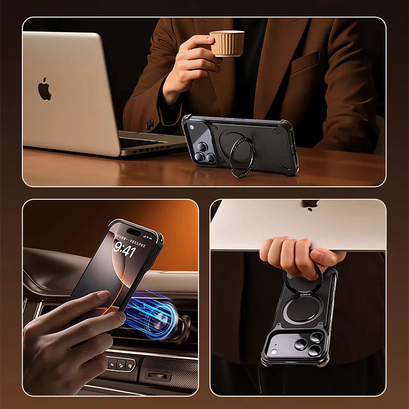 Luxury iPhone Frameless Armored Case with Leather Texture And Kickstand