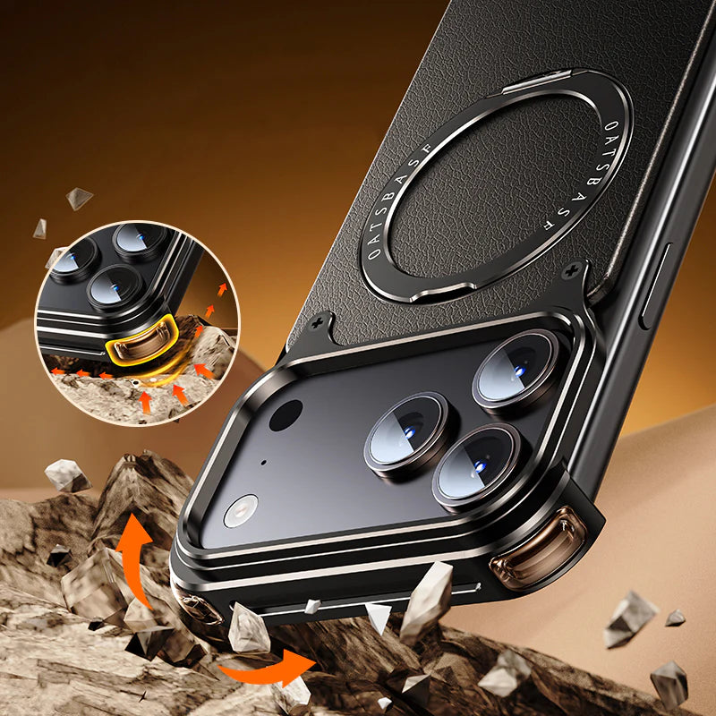 Luxury iPhone Frameless Armored Case with Leather Texture And Kickstand