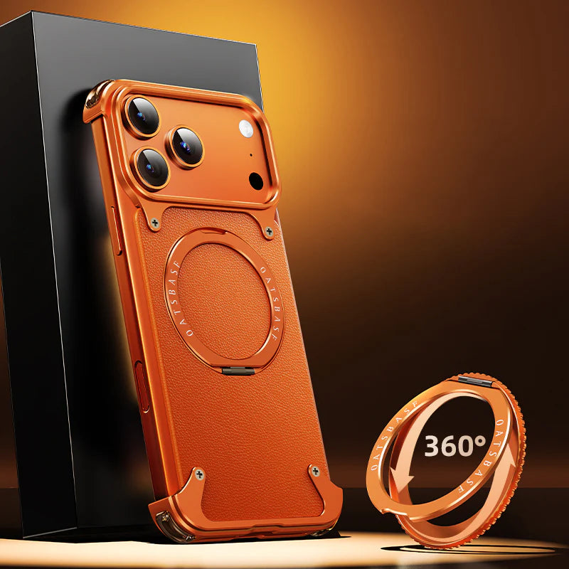 Luxury iPhone Frameless Armored Case with Leather Texture And Kickstand