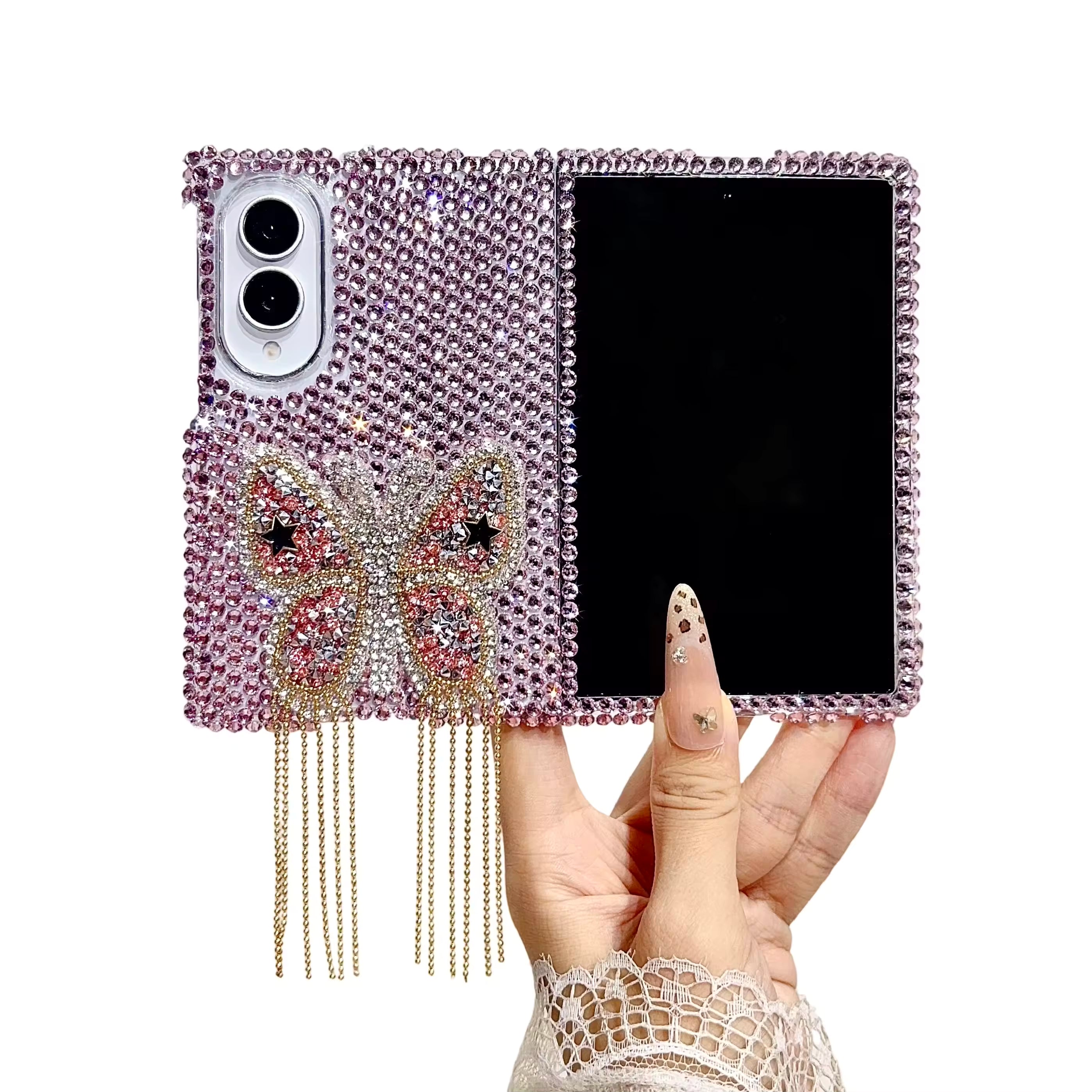 Crystal Butterfly Beaded Wrist Strap Case For Samsung Fold