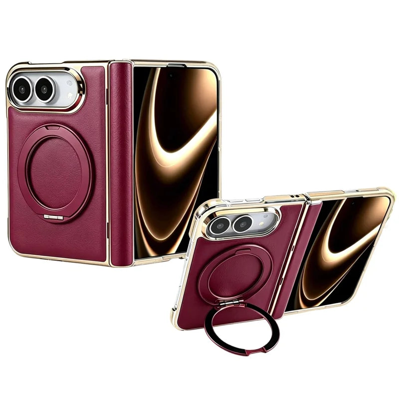 Grain Leather Magnetic Ring Stand Case for iPhone Duo