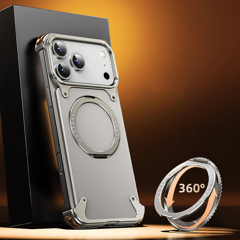 Luxury iPhone Frameless Armored Case with Leather Texture And Kickstand