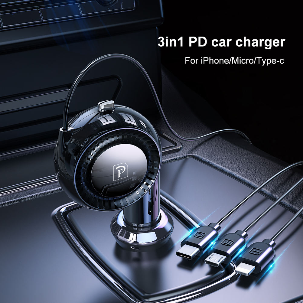 5V 3A 1M PD Fast Charing Port Car Chargers 3 in 1 Retractable Cable